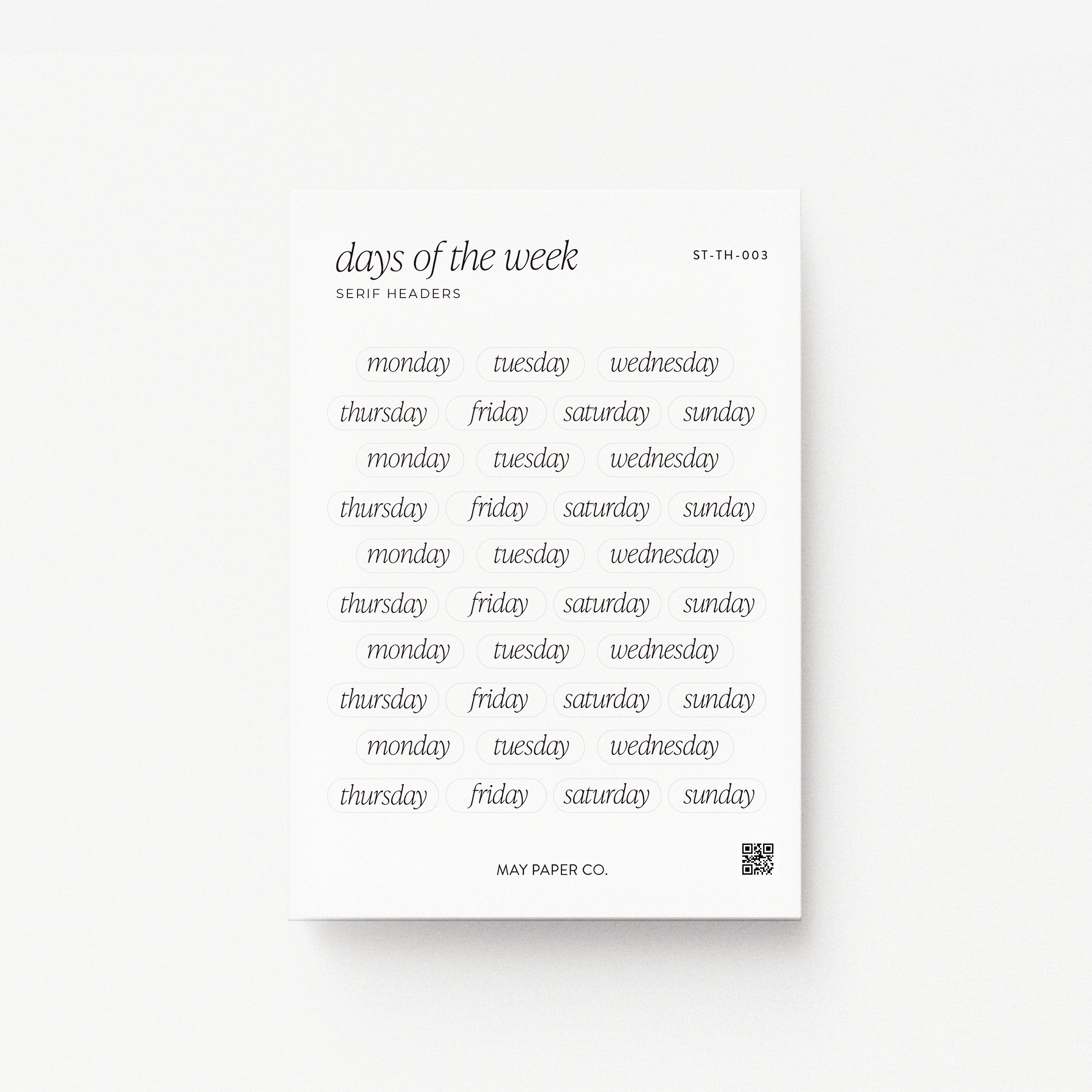 Serif Days of the Week | Transparent Header Stickers