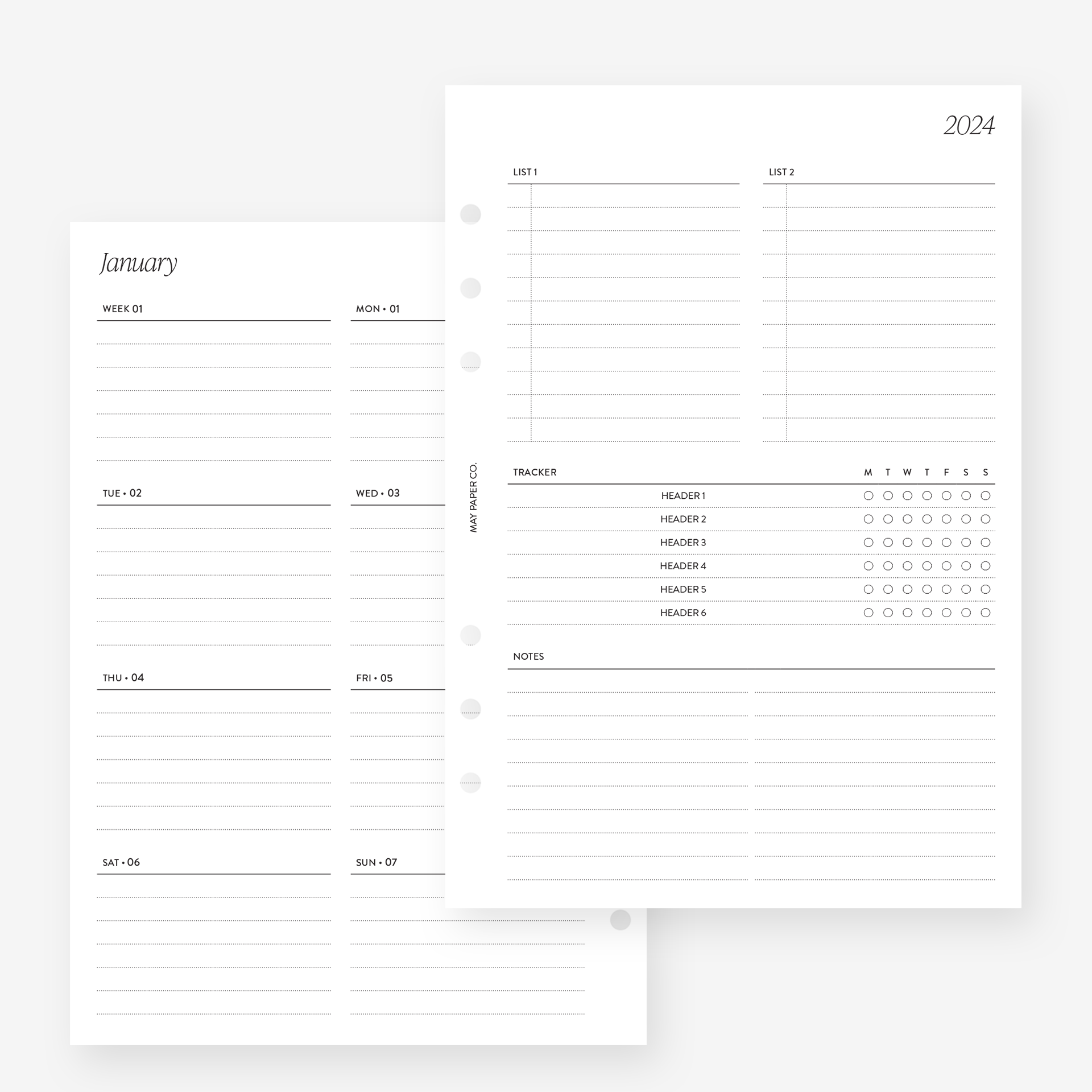 CUSTOM HEADERS 2024 WEEKLY Planner Insert Dated WO2P with Tracker