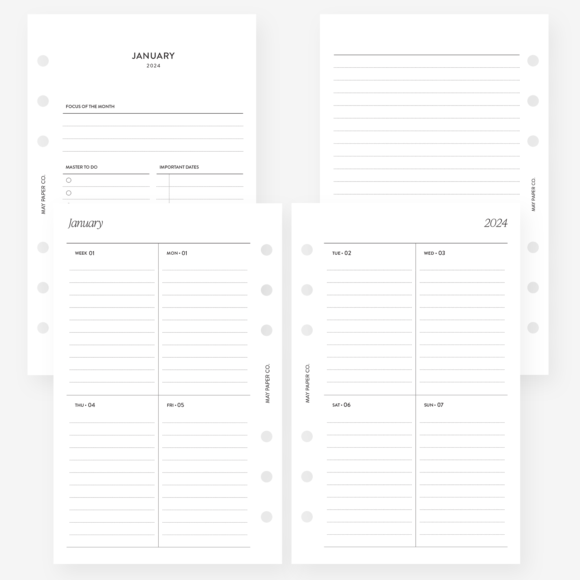 2024 WEEKLY Planner Insert Dated WO2P Vertical Border Lined