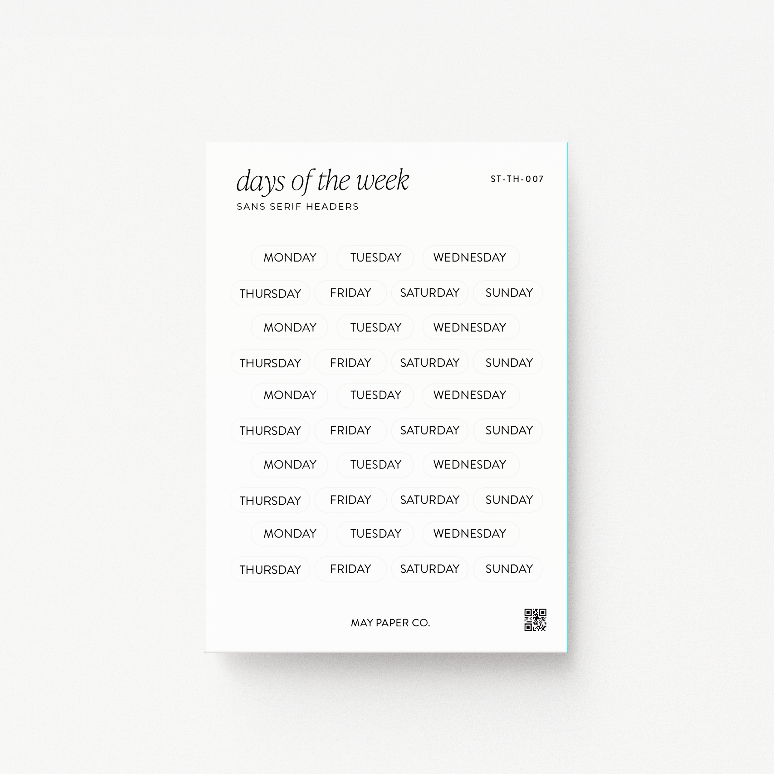 Sans Serif Days of the Week | Transparent Header Stickers – MAY PAPER CO.
